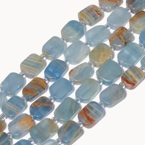 Natural Stone Rectangle Blue Calcite -Gorgeous Stone-  12x8mm  14 Stones - Picture 2 of 2